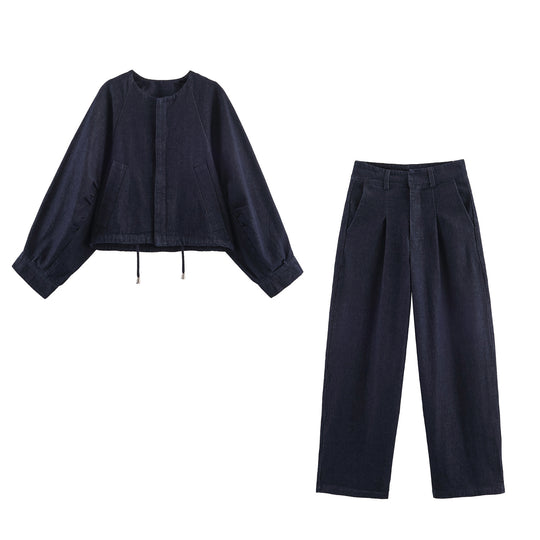 Damen 30+ weite High‑Waist Denim‑Palazzohose mit Bundfalten und Bügelfalte Nord Taschen
