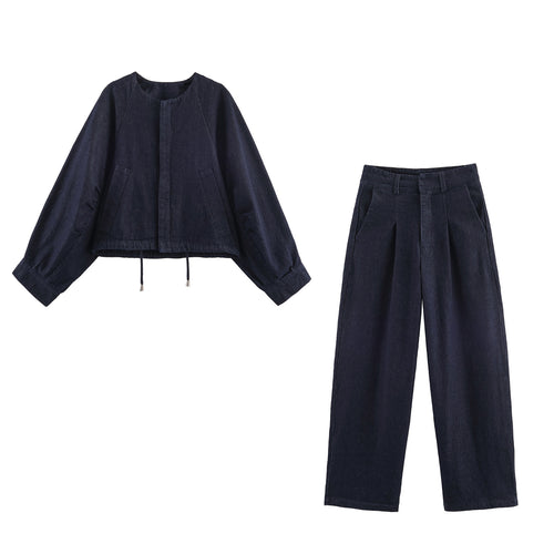 Damen 30+ weite High‑Waist Denim‑Palazzohose mit Bundfalten und Bügelfalte Nord Taschen