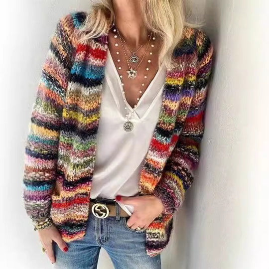 Damen Mehrfarbiger Strickcardigan mit offener Front, legerem Oversize-Schnitt und feinem Rippbündchen Nord Taschen