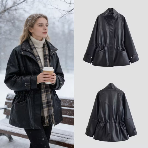 Damen Oversize-Kunstlederjacke mit Stehkragen, Taillen-Tunnelzug und aufgesetzten Taschen Nord Taschen