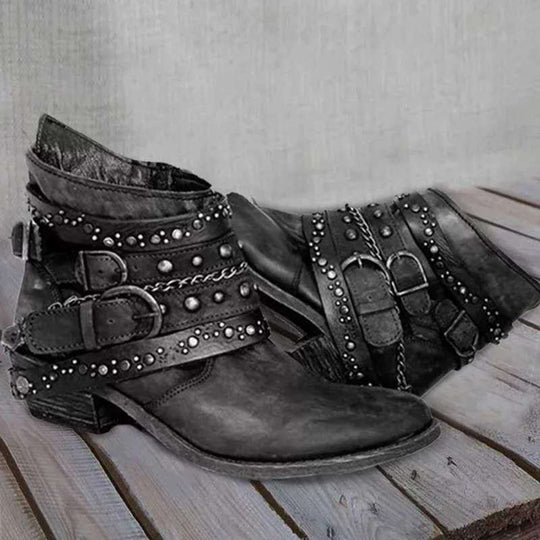 Damen Western‑Ankleboots mit dekorativen Schnallenriemen, Nieten und Ketten Nord Taschen