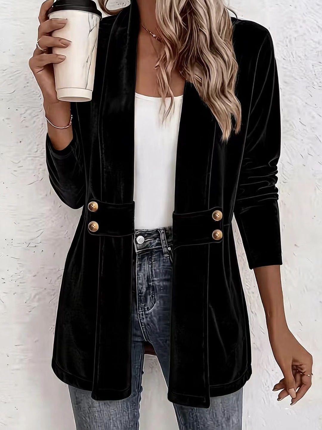 Damen Samt-Longblazer mit Schalkragen und Zierknopfleiste Nord Taschen