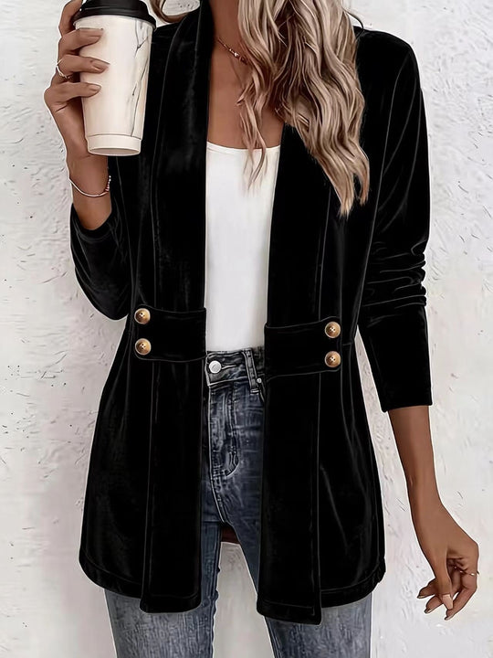 Damen Samt-Longblazer mit Schalkragen und Zierknopfleiste Nord Taschen