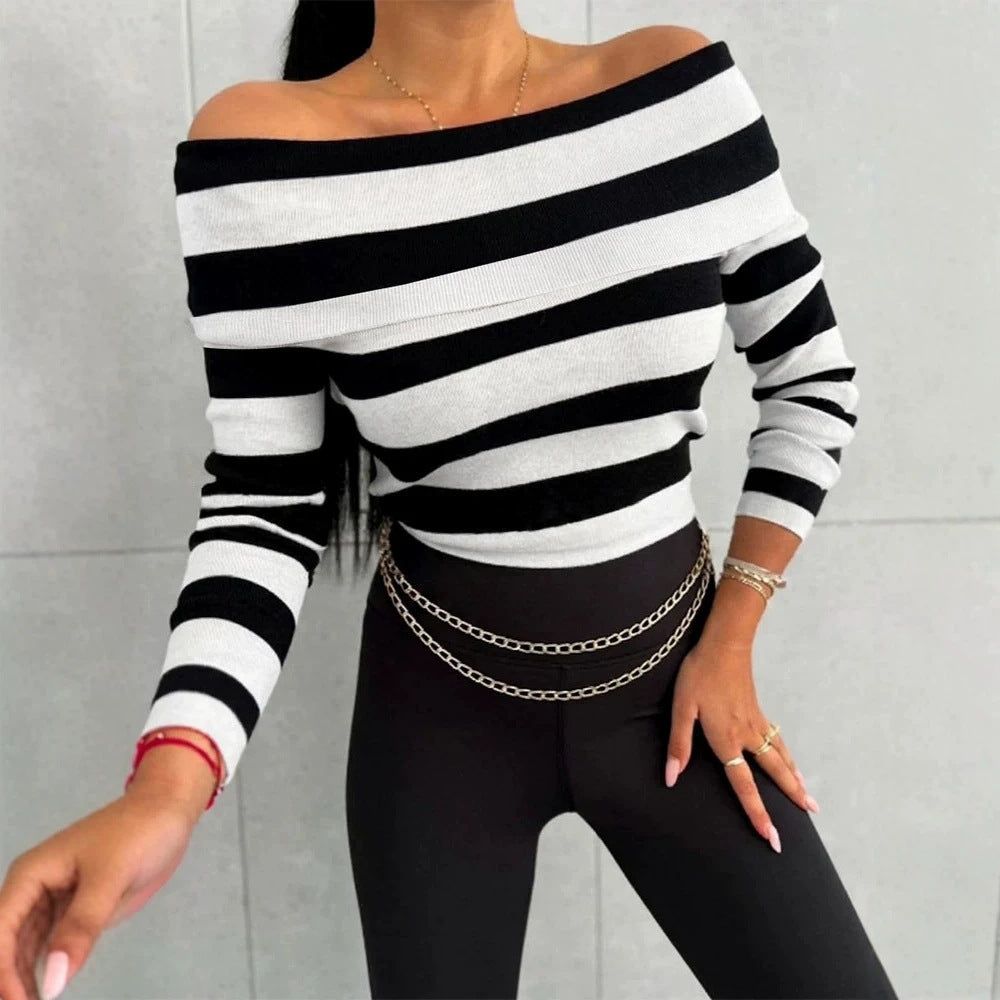 Damen Lässiges gestreiftes Oberteil im Off-Shoulder-Stil Nord Taschen