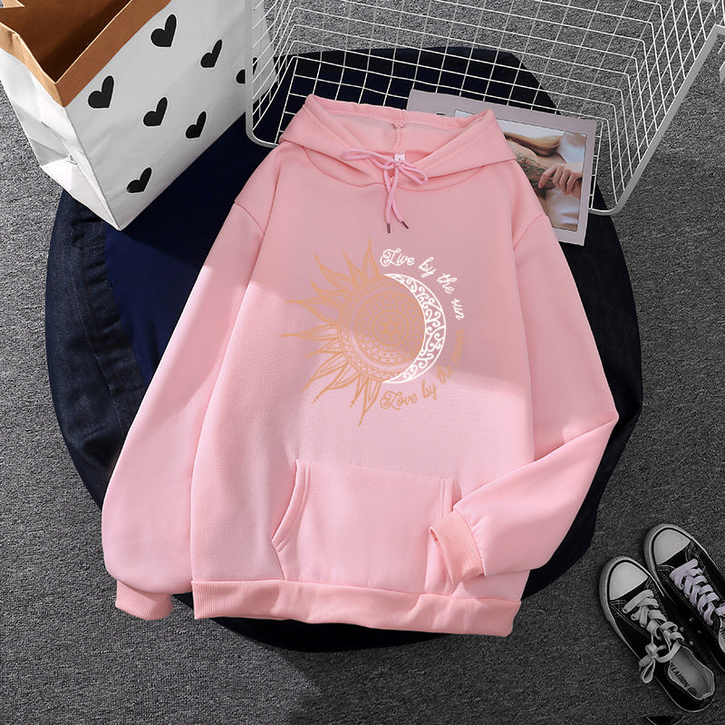 Damen nan Kapuzenpullover mit Sonn-und-Mond-Mandala, Kängurutasche und angerautem Fleece Nord Taschen