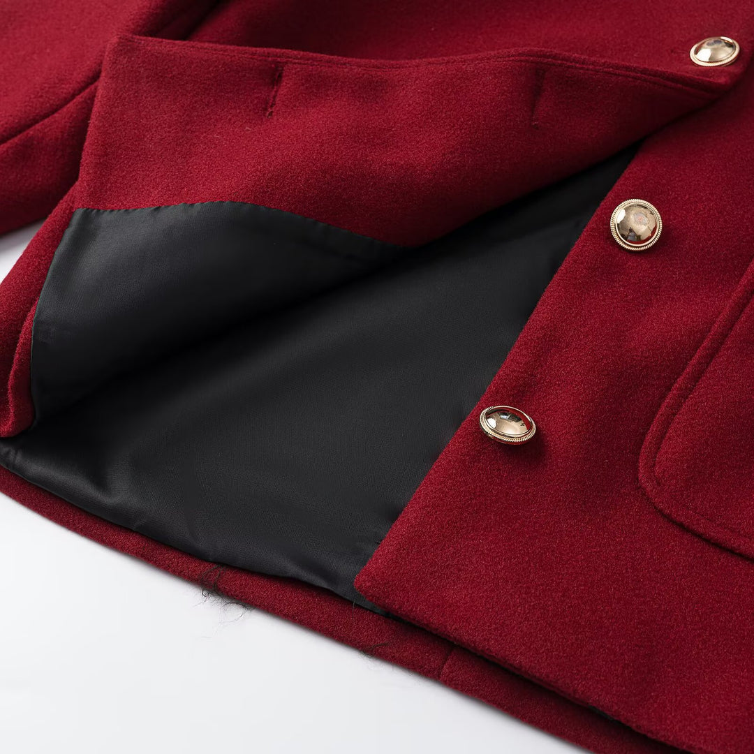 Damen Cropped Wollmix-Jacke mit Rundhalsausschnitt, aufgesetzten Taschen und goldfarbenen Zierknöpfen Nord Taschen