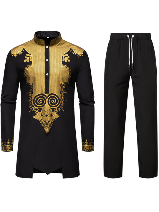 Herren Traditionelles Tunika-Set mit Mandarinkragen und goldverzierten Ornamenten Nord Taschen