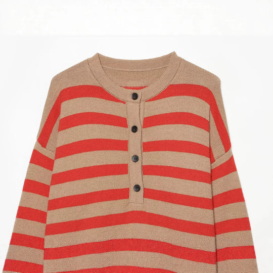 Damen Gestreifter Strickpullover mit Henley-Knopfleiste Nord Taschen