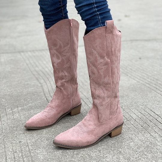 Damen Kniestiefel im Westernstil aus Veloursleder mit besticktem Schaft und seitlichem Reißverschluss Nord Taschen