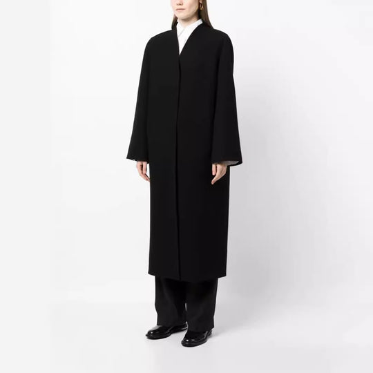 Damen Maxilanger minimalistischer Mantel mit verdeckter Front und kastiger Schulter Nord Taschen
