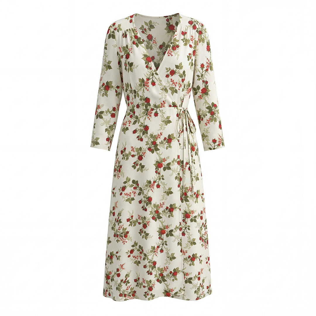 Damen Wickel-Midikleid mit V-Ausschnitt, Bindegürtel und floraler Allover-Print Nord Taschen
