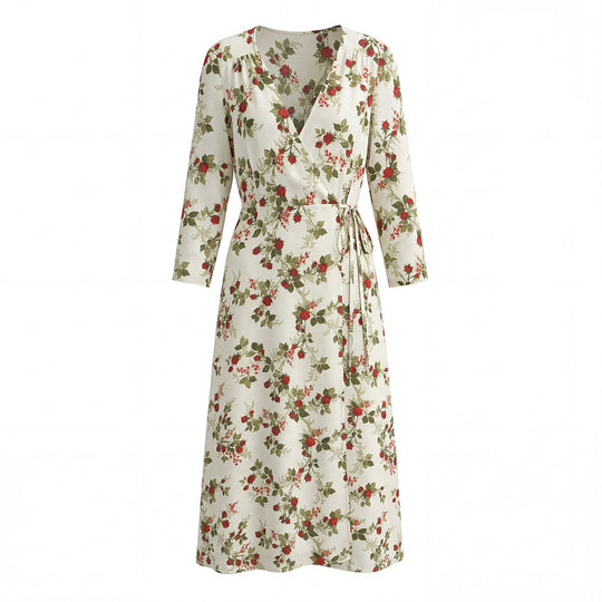 Damen Wickel-Midikleid mit V-Ausschnitt, Bindegürtel und floraler Allover-Print Nord Taschen