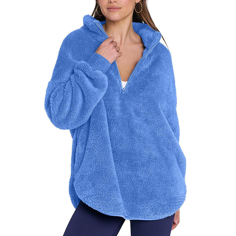Damen Flauschiger Oversize-Sherpa-Pullover mit Halbzip und Kängurutaschen Nord Taschen