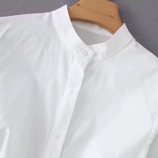 Damen Langärmlige Hemdbluse mit Stehkragen, Taillennaht und ausgestelltem Peplum Nord Taschen