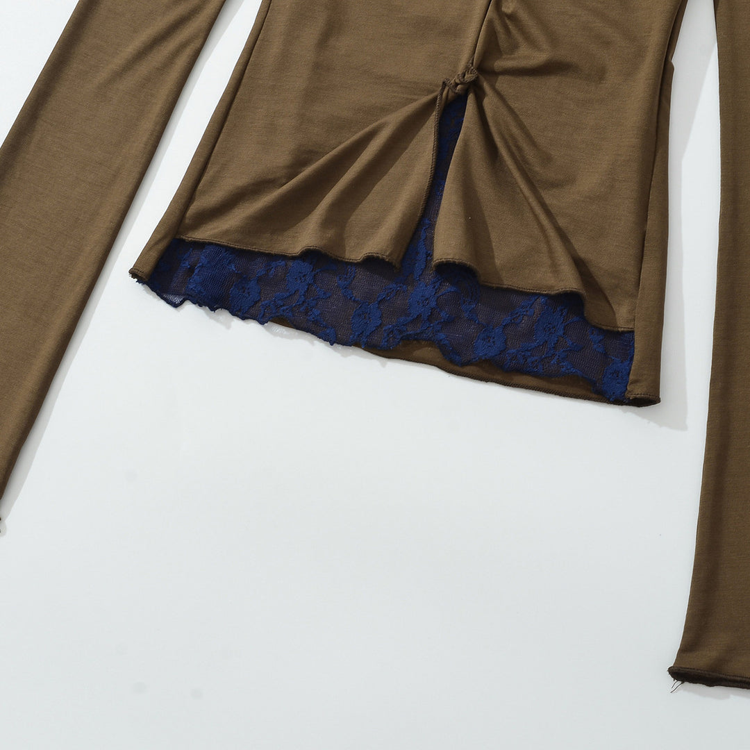 Damen Figurbetontes Langarm-Top mit Spitzen-Einsatz und Knotenverschluss Nord Taschen