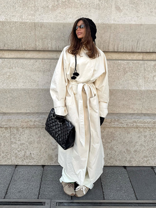 Damen Maxilanger taillierter Trenchcoat aus leichter Baumwollmischung mit Bindegürtel Nord Taschen