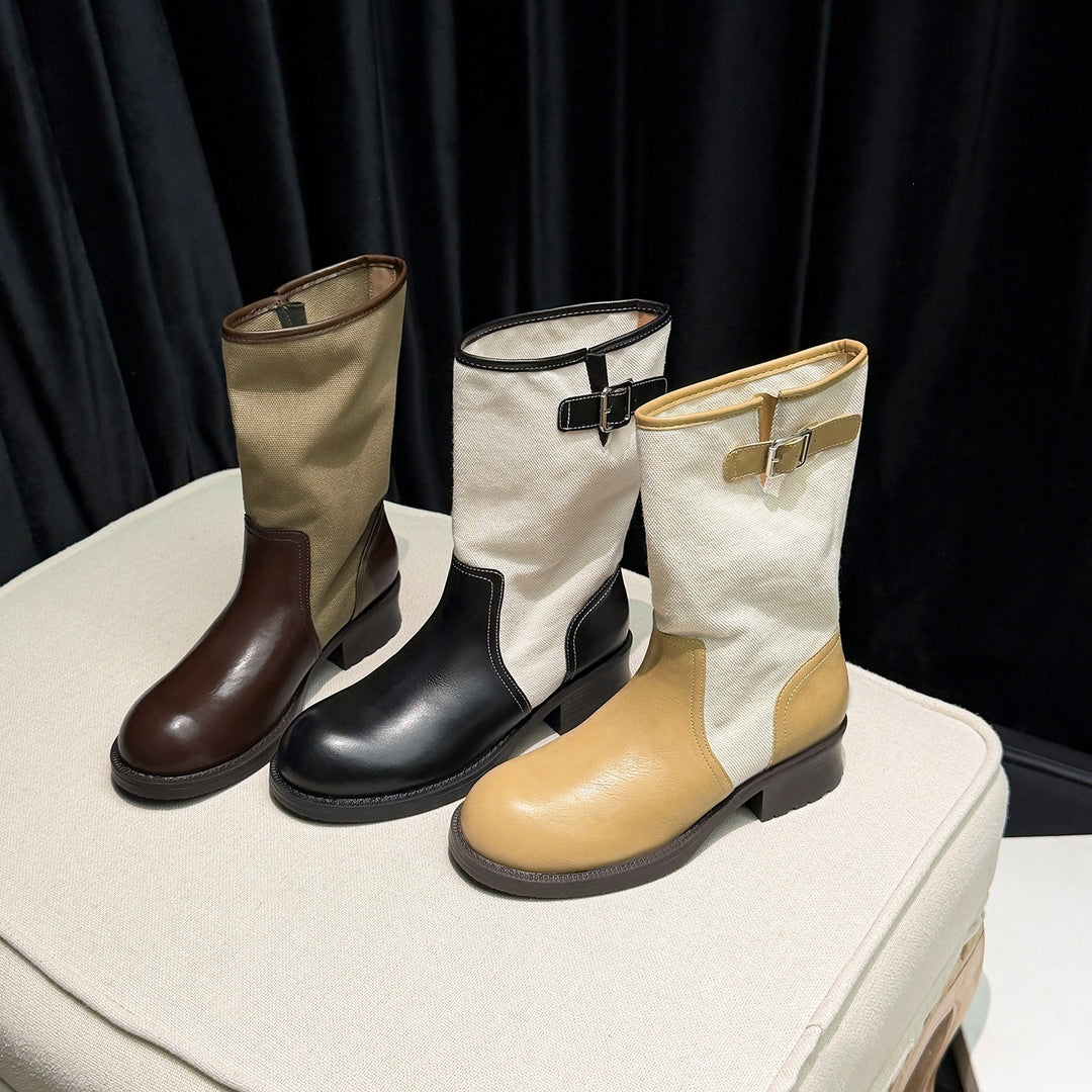 Damen Mid-Calf Stiefel aus Glattleder und Canvas mit Zier-Schnallenriemen Nord Taschen