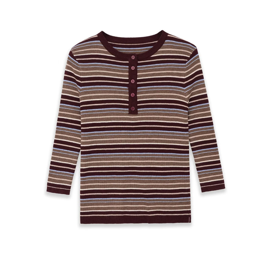 Damen Feinstrick-Henleyshirt mit feiner Streifenstruktur und Knopfblende Nord Taschen