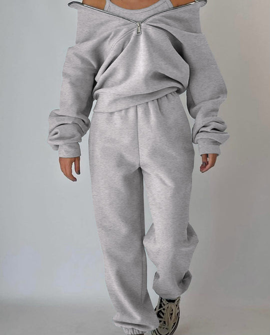 Damen Oversized Halbzip-Sweatshirt mit Stehkragen und passender High-Waist-Jogginghose Nord Taschen