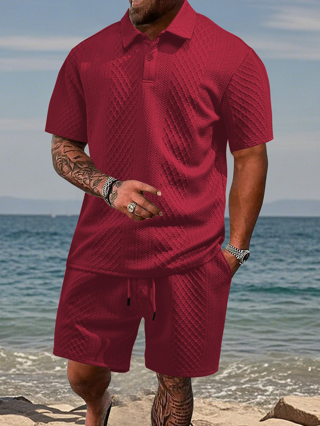 Herren nan geprägtes Strand-Ensemble mit offenem Kurzarm-Hemd und Kordel-Bermuda