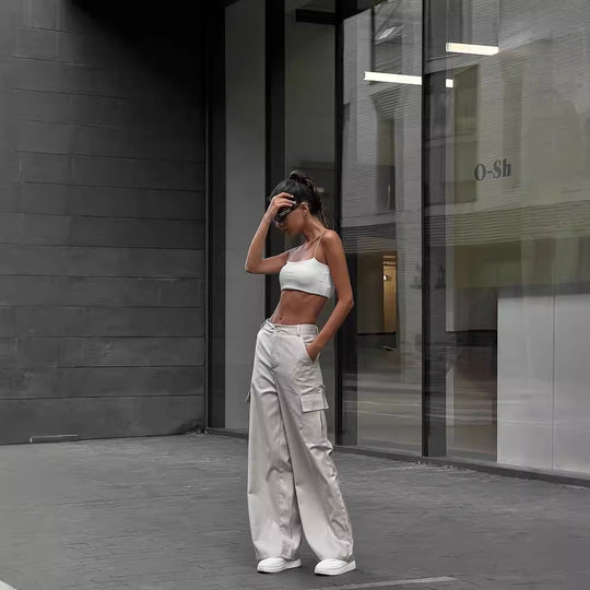 Damen Weite High-Waist Cargo-Hose mit Oversized-Silhouette und Klappentaschen Nord Taschen