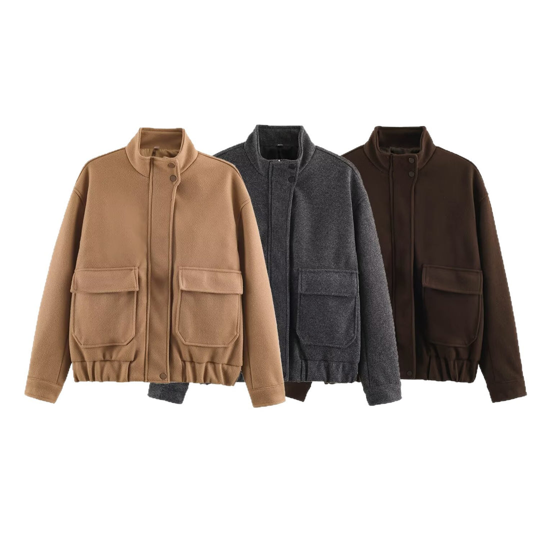 Damen Wollmix-Blousonjacke mit Stehkragen, großen Klappentaschen und elastischem Saum Nord Taschen