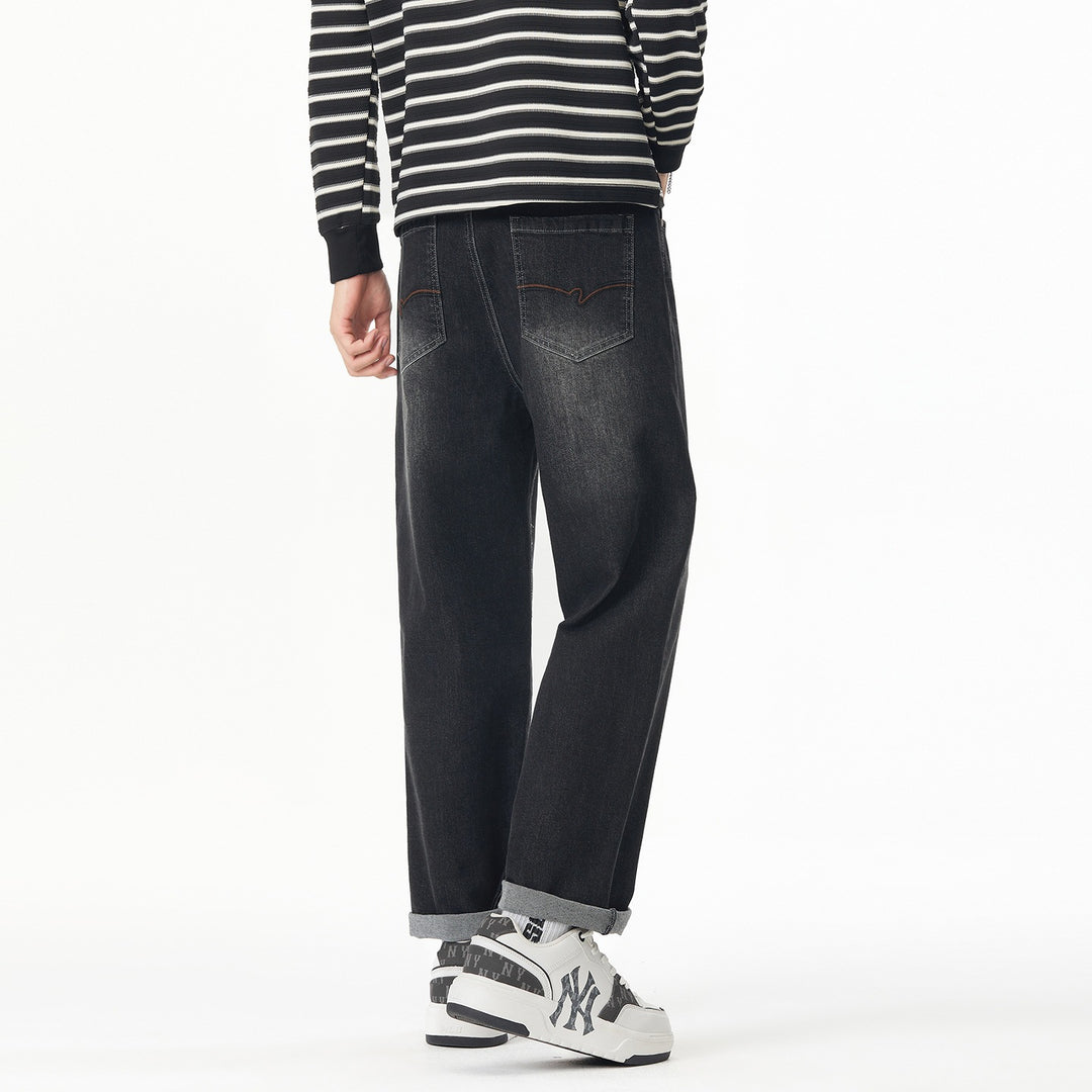 Herren Weite gerade geschnittene Denim-Jeans mit Used‑Wash und Umschlagbund Nord Taschen