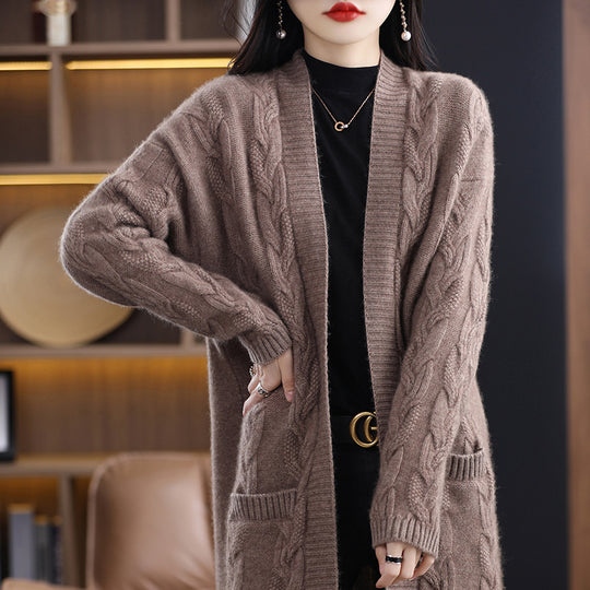 Damen Oversize-Longcardigan aus weichem Wollmix mit kontrastierenden Blockstreifen Nord Taschen
