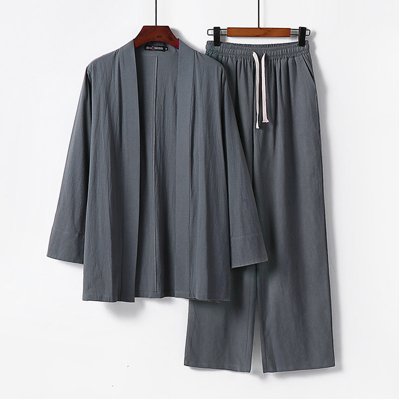 Herren Lockeres Kimono-Loungewear-Set aus leichter Baumwollmischung mit elastischer Kordelhose Nord Taschen