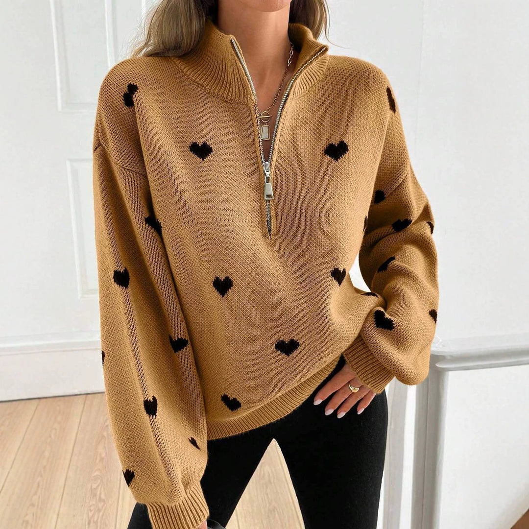 Damen Oversize Strickpullover mit Half-Zip und Herzmotiv Nord Taschen