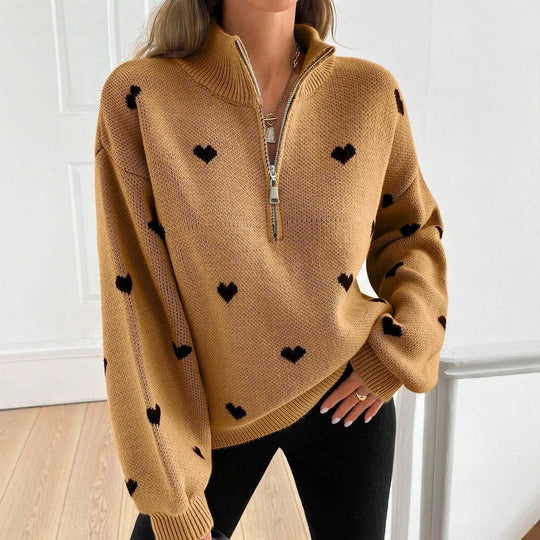 Damen Oversize Strickpullover mit Half-Zip und Herzmotiv Nord Taschen