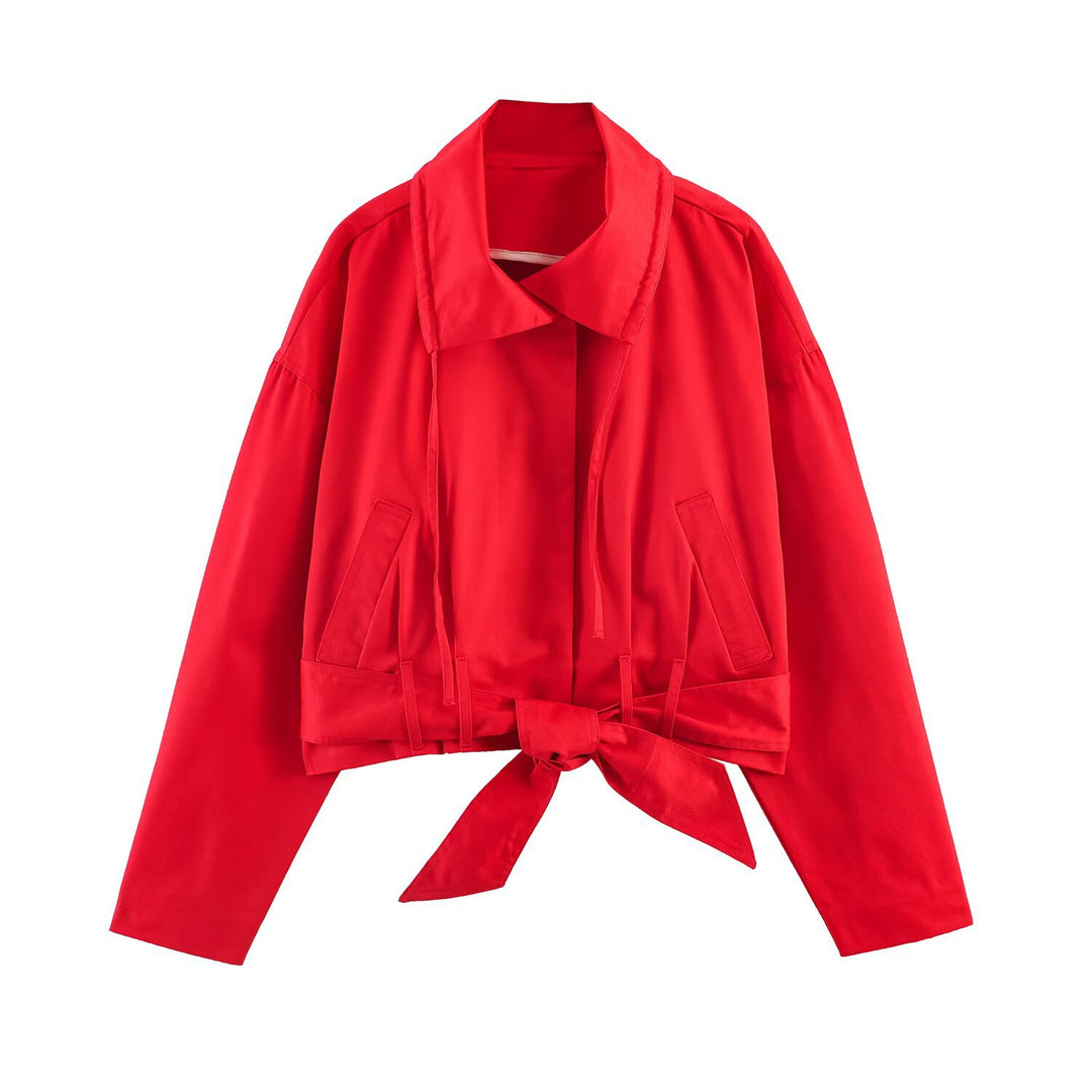 Damen Kurzblouson mit Taillengürtel, großem Hemdkragen und Kordelzug Nord Taschen