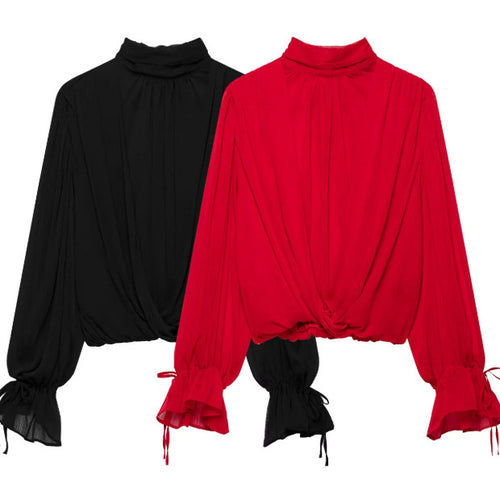 Damen Elegante Chiffon‑Schluppenbluse mit Ballonärmeln und gerafftem Saum Nord Taschen