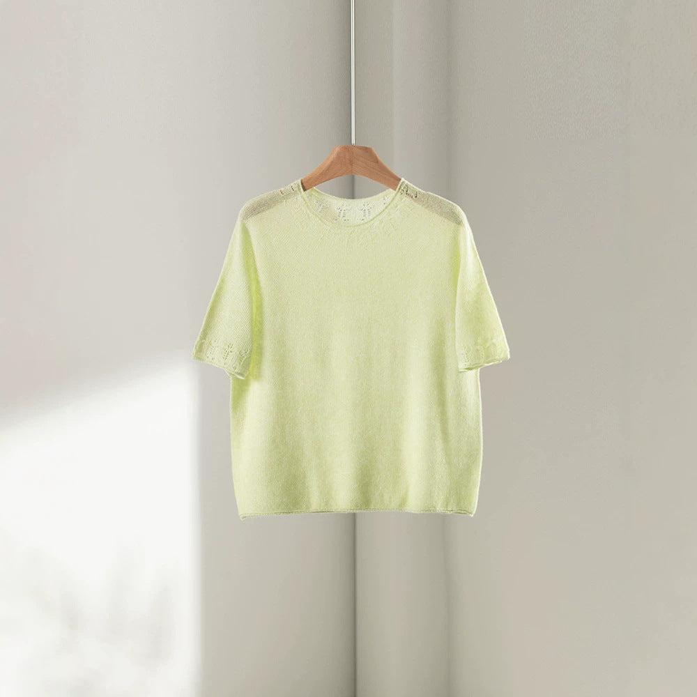 Damen Leichtes Feinstrick-Shirt mit halblangen Ärmeln, Rundhals und feinem Lochmuster Nord Taschen