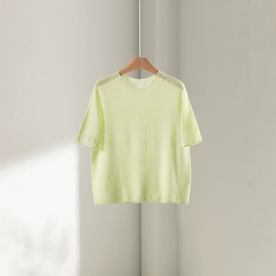 Damen Leichtes Feinstrick-Shirt mit halblangen Ärmeln, Rundhals und feinem Lochmuster Nord Taschen