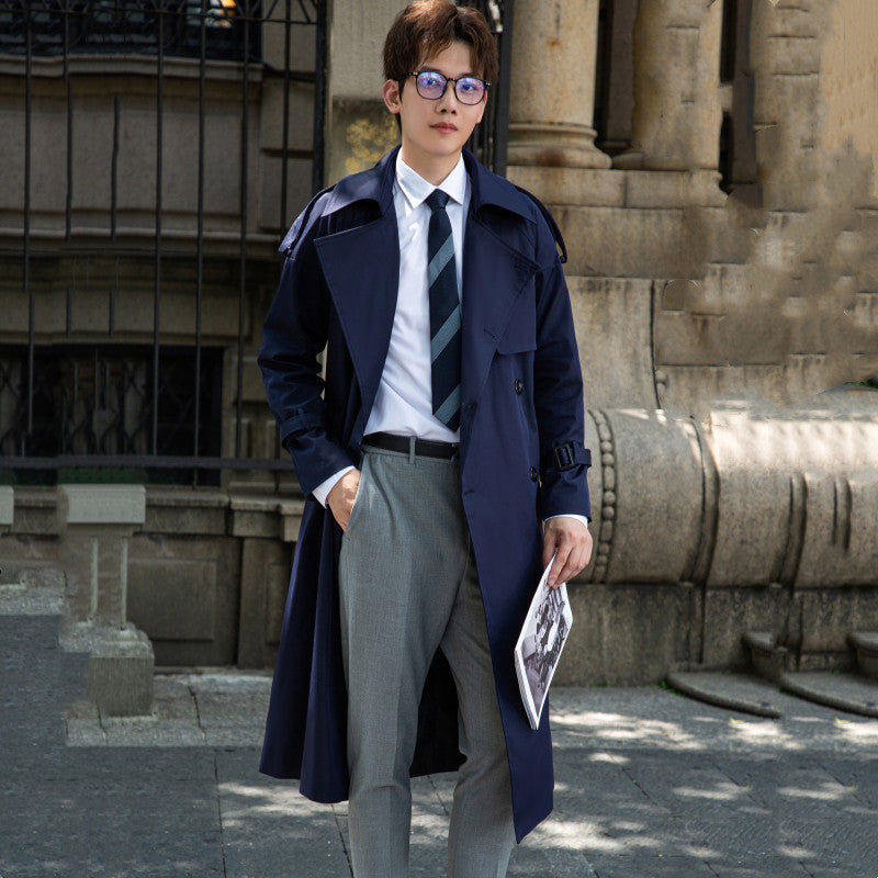 Herren Eleganter langer Trenchcoat mit Bindegürtel und Rückenpasse Nord Taschen