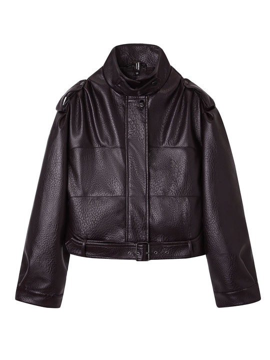 Damen Kurzjacke im Utility-Look aus strukturierter Kunstlederoptik mit hohem Stehkragen und verstellbarem Taillengürtel Nord Taschen