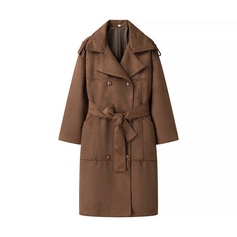 Damen Langer Oversize-Veloursleder-Trenchcoat mit Bindegürtel und Schulterriegeln Nord Taschen