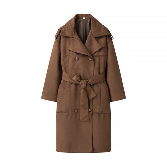 Damen Langer Oversize-Veloursleder-Trenchcoat mit Bindegürtel und Schulterriegeln Nord Taschen