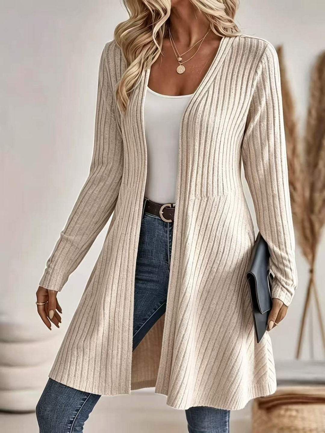 Damen Langer Gerippter Cardigan mit offenem Front-Design und leichtem Fall Nord Taschen