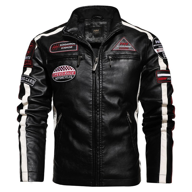 Herren Racing-Style Kunstlederjacke mit Aufnähern, Kontraststreifen und Stehkragen Nord Taschen