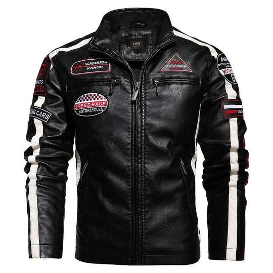 Herren Racing-Style Kunstlederjacke mit Aufnähern, Kontraststreifen und Stehkragen Nord Taschen