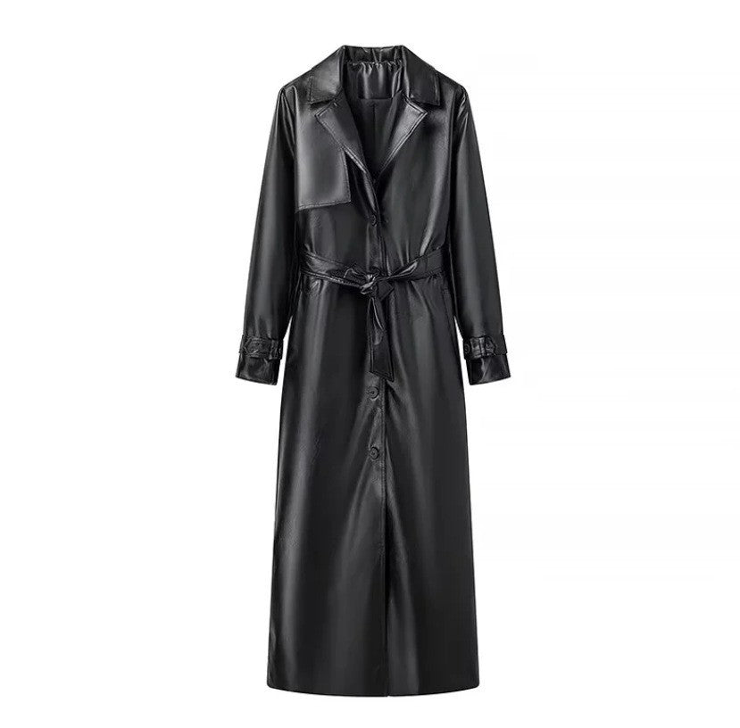 Damen 100+ langer oversize Kunstleder‑Trenchcoat mit Taillengürtel und weitem Revers Nord Taschen