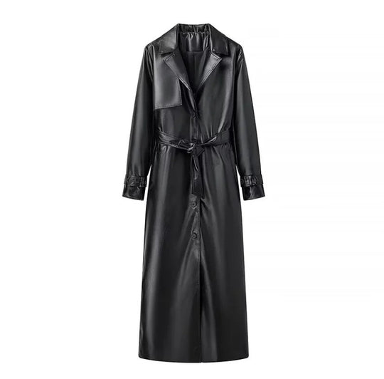 Damen 100+ langer oversize Kunstleder‑Trenchcoat mit Taillengürtel und weitem Revers Nord Taschen