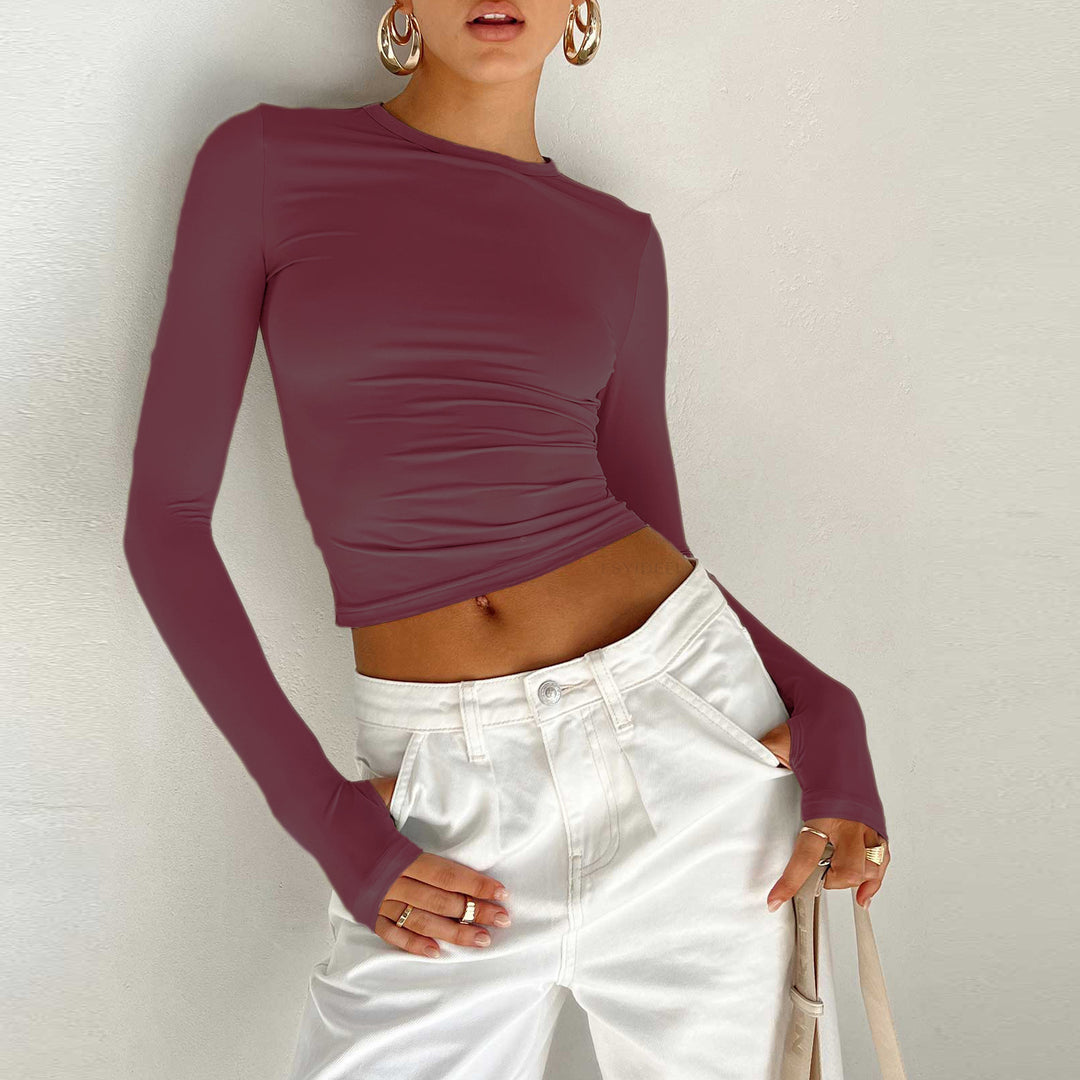 Damen Figurbetontes Crop-Longsleeve mit Daumenlöchern Nord Taschen