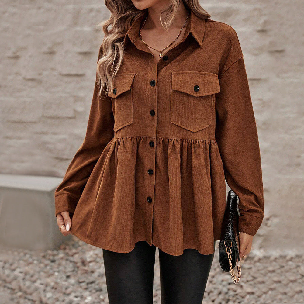 Damen Cord-Peplum-Bluse mit Hemdkragen aufgesetzten Brusttaschen und durchgehender Knopfleiste Nord Taschen