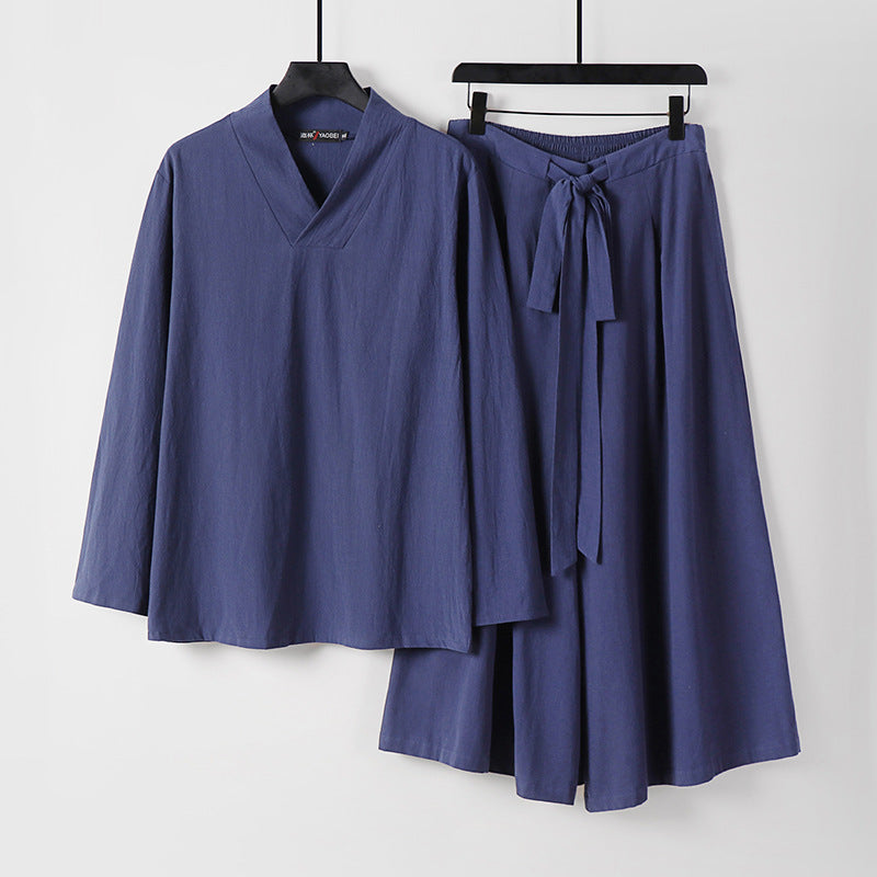 Damen Leichtes Leinen-Baumwoll Loungewear-Set mit V-Ausschnitt, weitem Midirock und Bindegürtel Nord Taschen