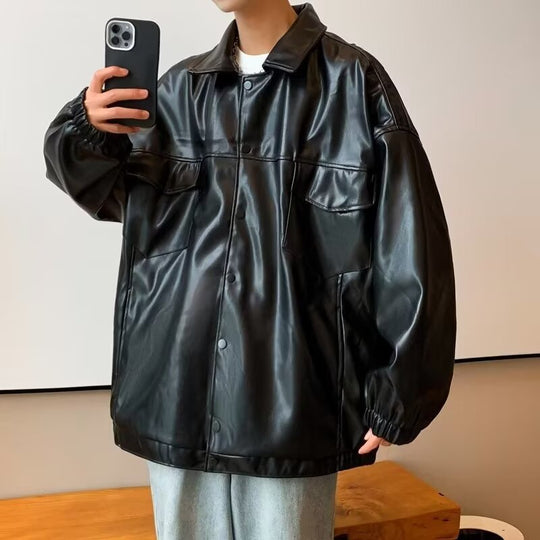 Herren Oversized PU-Leder-Shacket mit Pattentaschen und elastischen Bündchen Nord Taschen