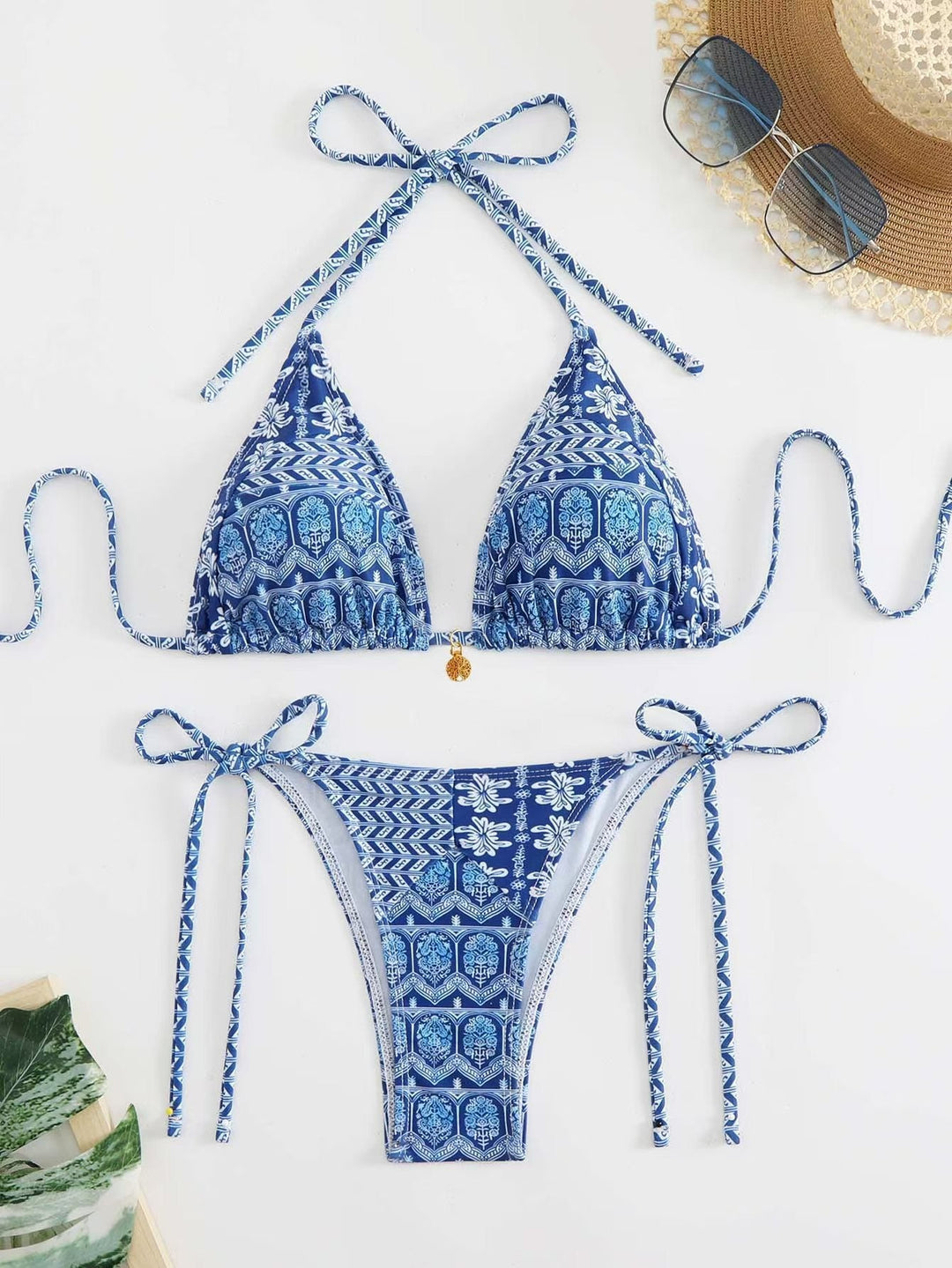 Damen Triangel-Bikini mit liNord Taschenevollem Blumenmuster und verstellbaren Trägern