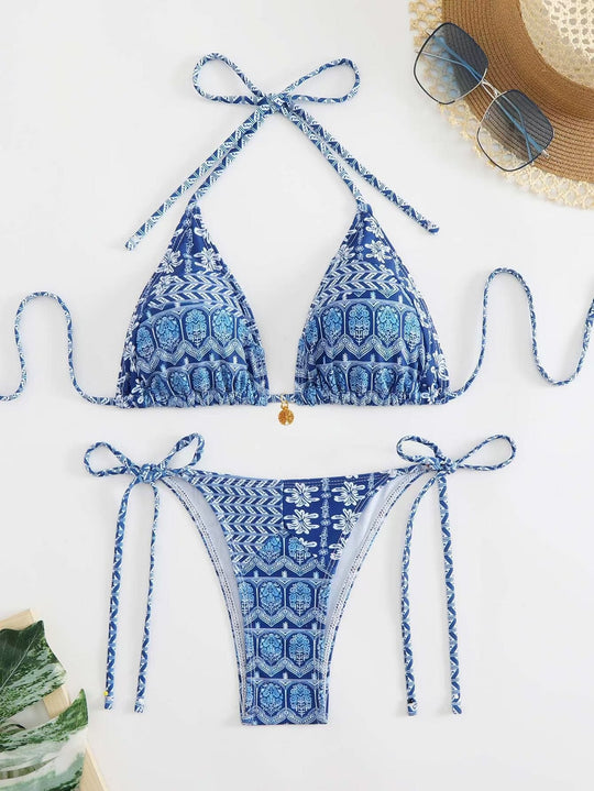 Damen Triangel-Bikini mit liNord Taschenevollem Blumenmuster und verstellbaren Trägern